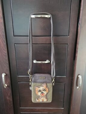 CHALA Yorkie Dog Cell Phone Crossbody Purse / Vegan Leather Striped Small Bag